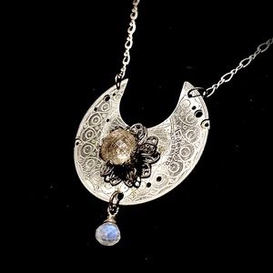 MoonFlower Luxury Steampunk Necklace Sterling Silver rutiliated quartz moonstone